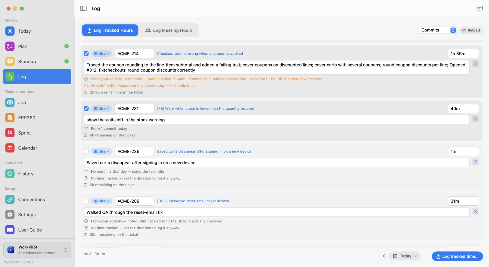 The Log page: each ticket's hours and a comment drafted from commits and notes, ready to send to Jira or ERP360