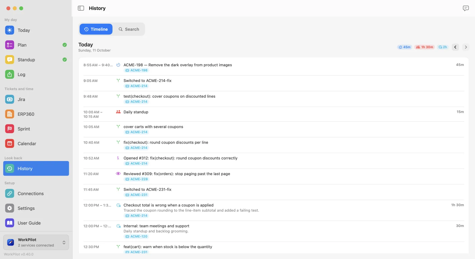 The History page: meetings, commits and pull requests listed hour by hour