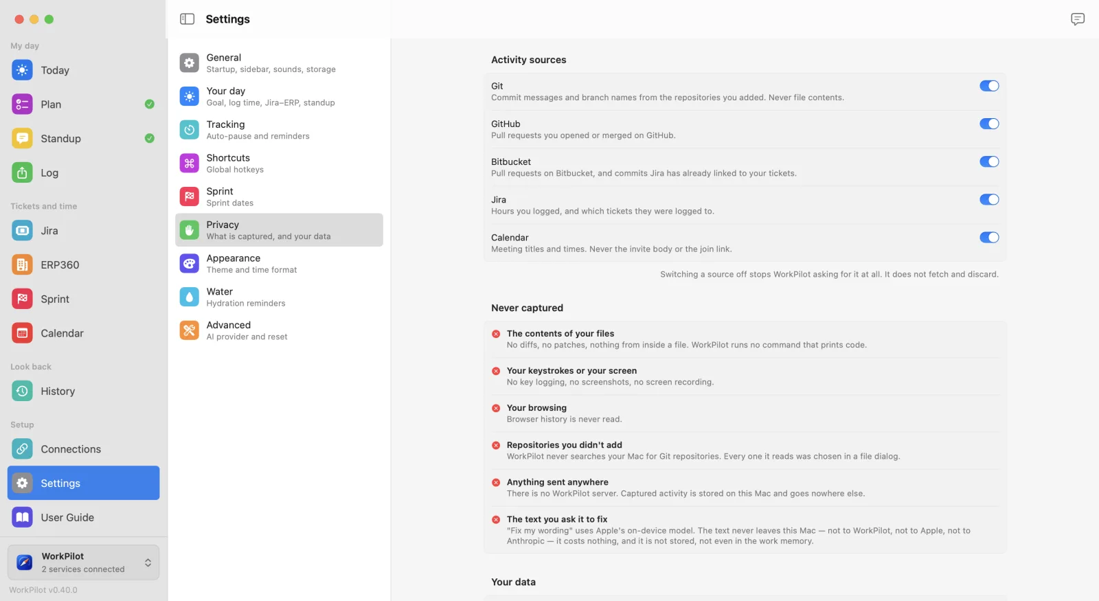 WorkPilot's Privacy settings: a switch per activity source, and the list of what is never captured
