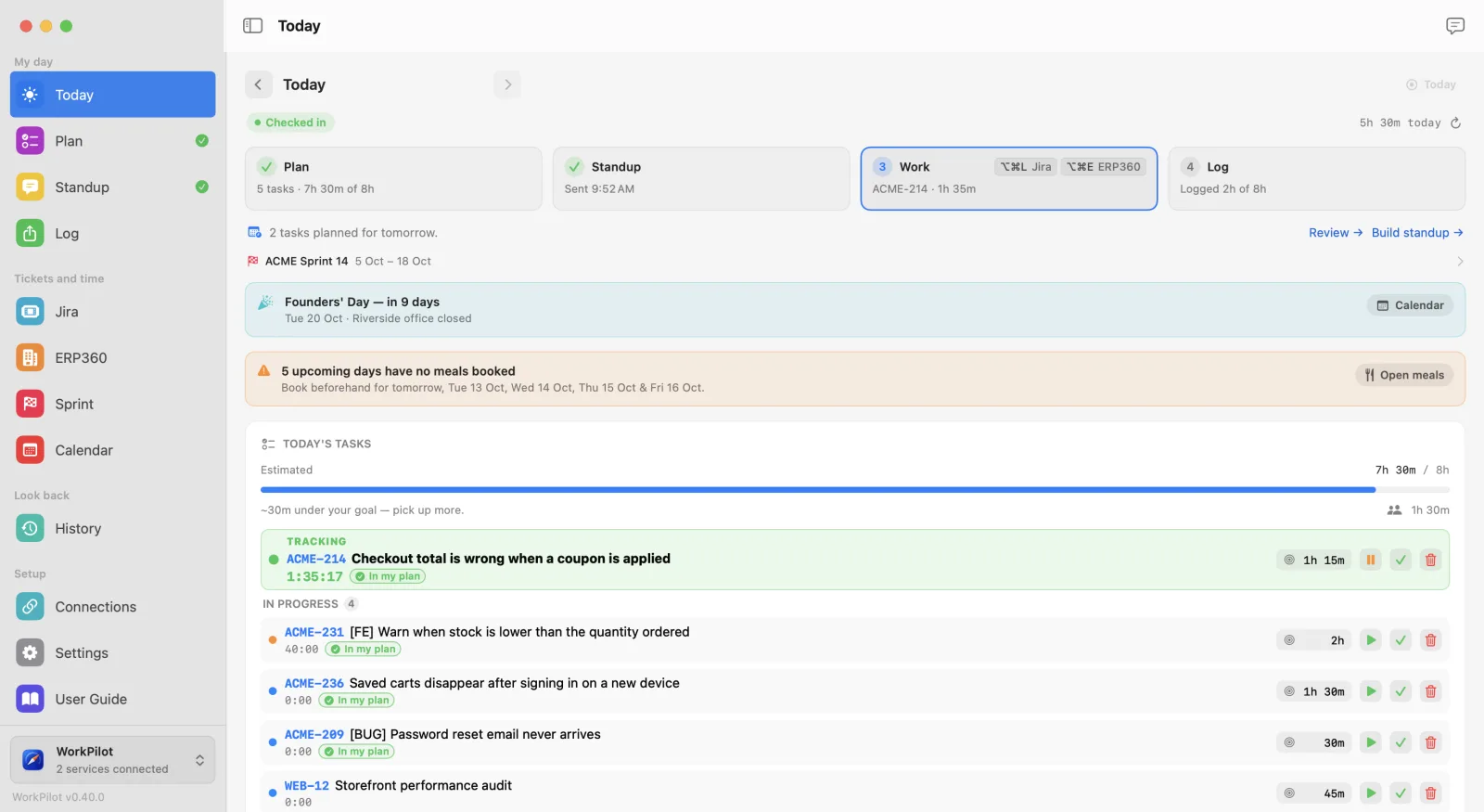 The Today page: plan, standup, work and log across the top, and the task being tracked